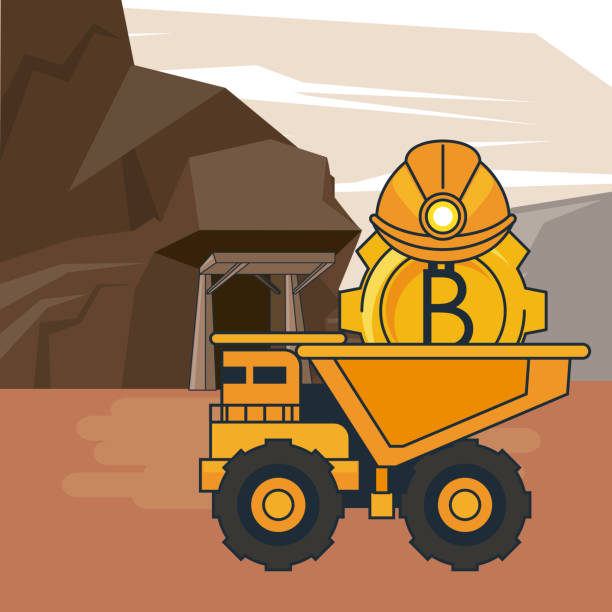 bitcoin mining truck outside cave cartoons vector illustration graphic design