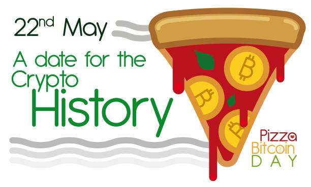 Steamy pizza with tomato sauce, basil leaves, and golden coins to commemorate May 22nd, the Pizza Bitcoin Day.