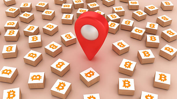 bitcoin symbol blocks with pin map colored background 3d rendering