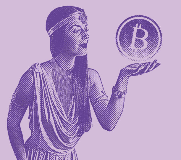 ultra violet engraving of a woman holding bitcoin floating in mid air